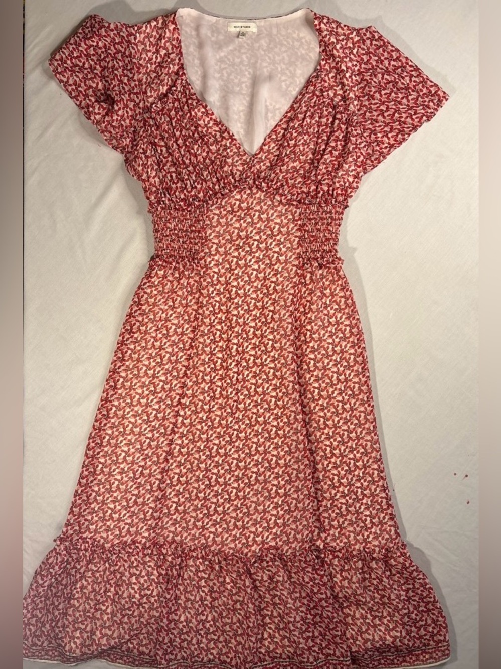 Max Studio Red Floral V-Neck Smocked Waist Dress